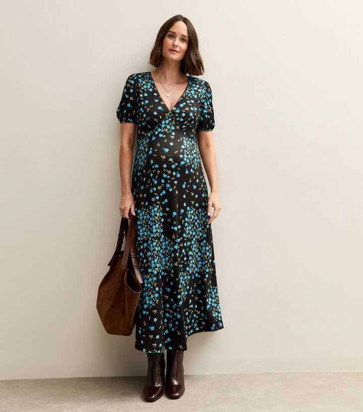 Maternity Black Floral Print V-Neck Midi Dress