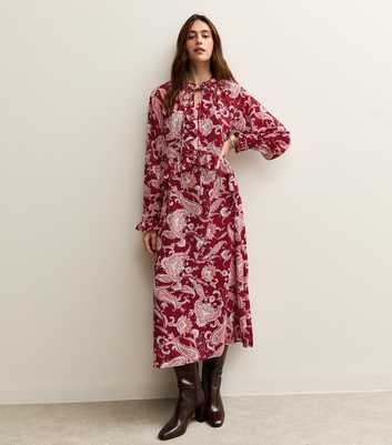 Red Paisley Print Frilly Trimmed Chiffon Midi Dress