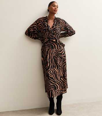 Brown Zebra Print Long Sleeve Midi Dress
