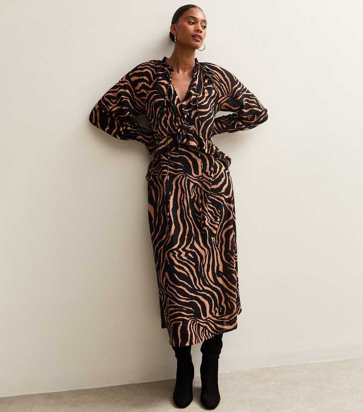 Brown Zebra Print Long Sleeve Midi Dress