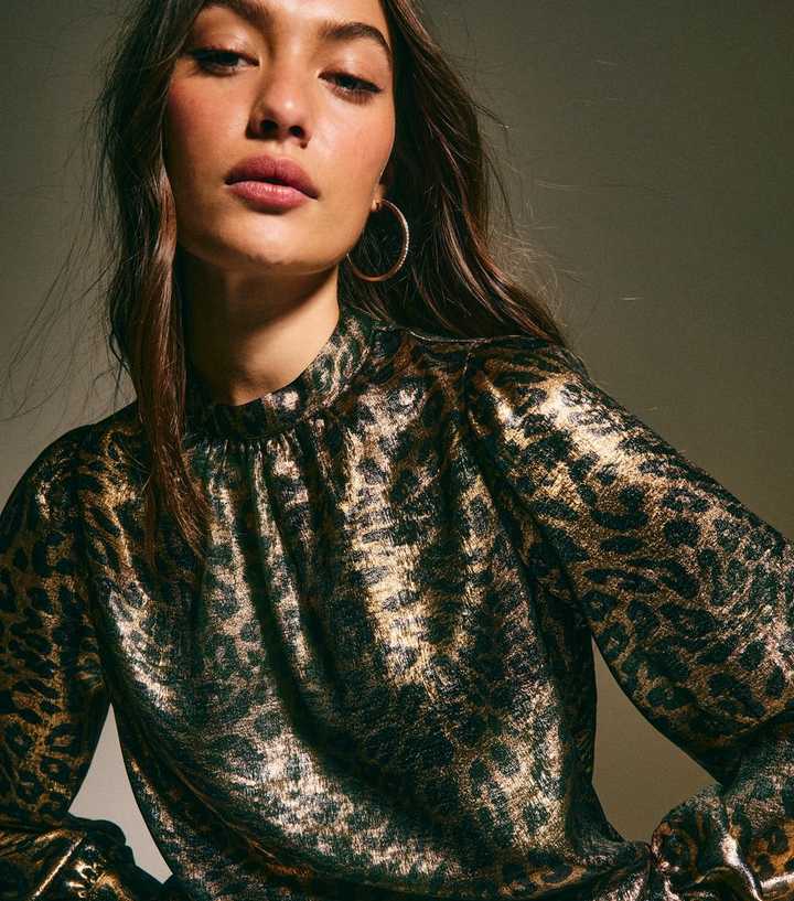 Bronze Metallic Animal Print High Neck Blouse