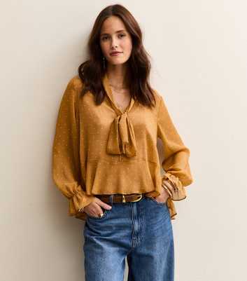 Yellow Spot Print Pussybow Collar Chiffon Blouse