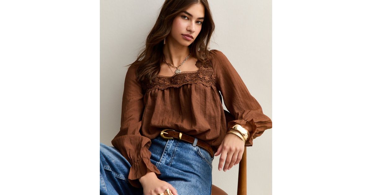 Brown Lace Trimmed Long Sleeve Bubble Hem Blouse | New Look