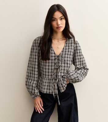 Black Check Tie Front Blouse