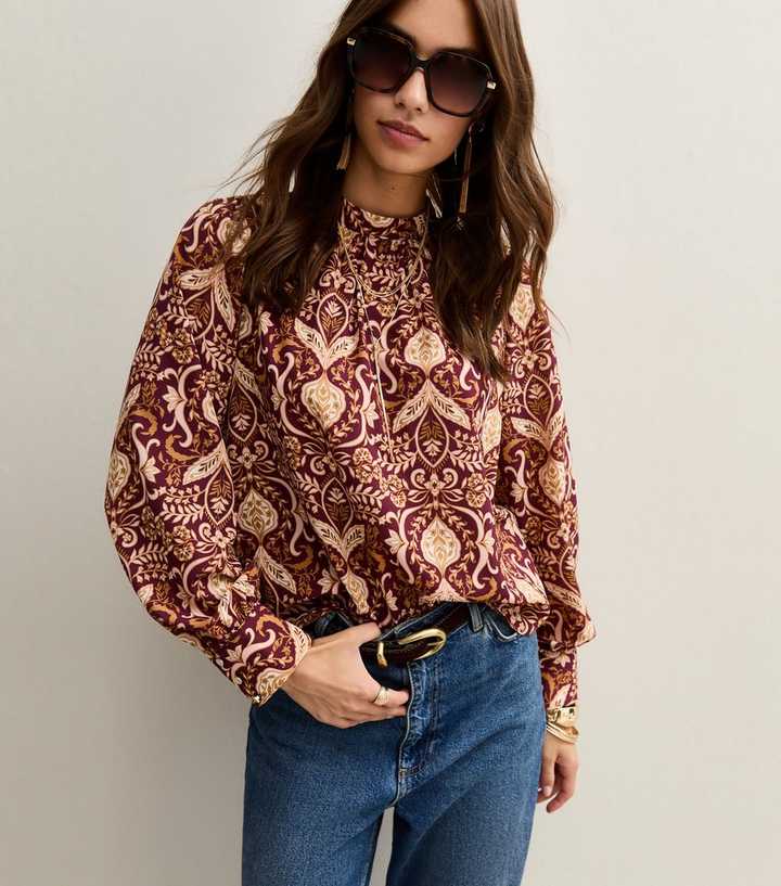 Pink Patterned High Neck Long Sleeve Blouse