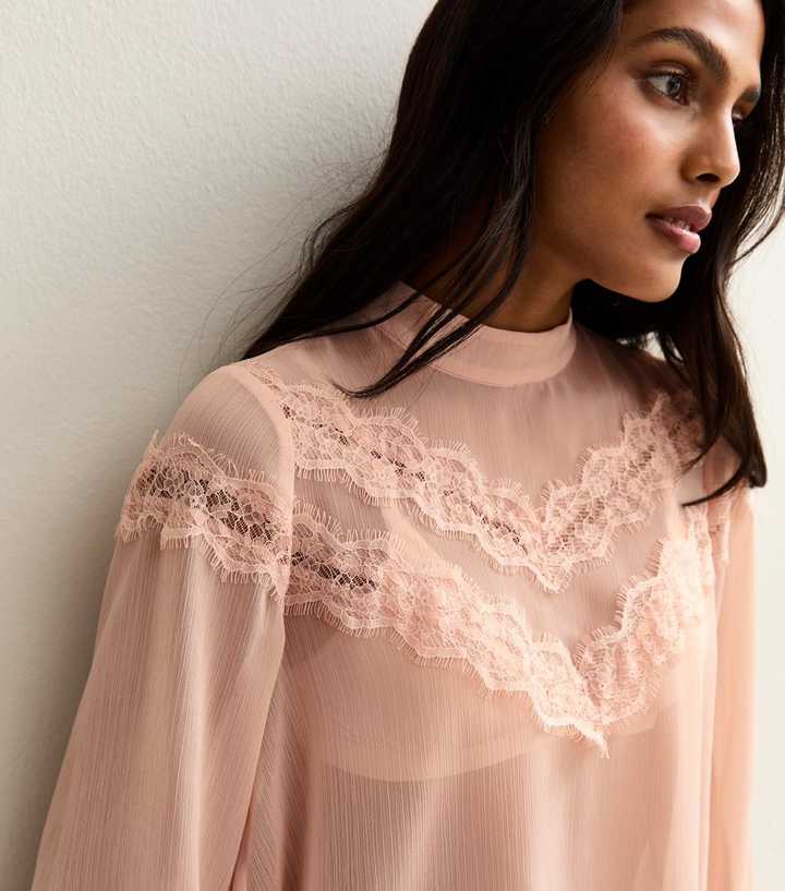 Pink Chiffon Lace Trimmed High Neck Blouse