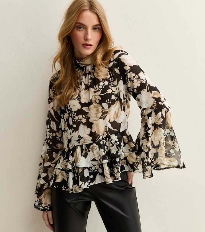 Black Floral Print Chiffon High Neck Blouse