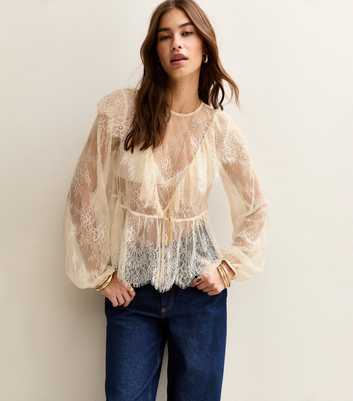 White Floral Lace Long Sleeve Semi Sheer Blouse