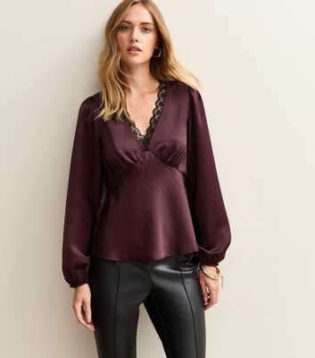 Dark Burgundy Satin Lace Trim Blouse