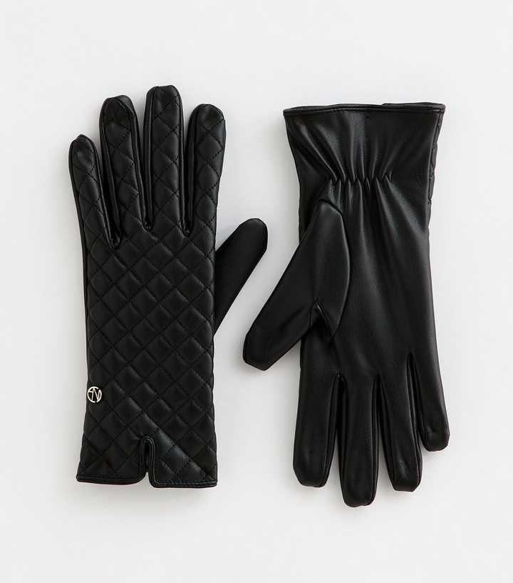 Black Faux Leather Quilted Gloves