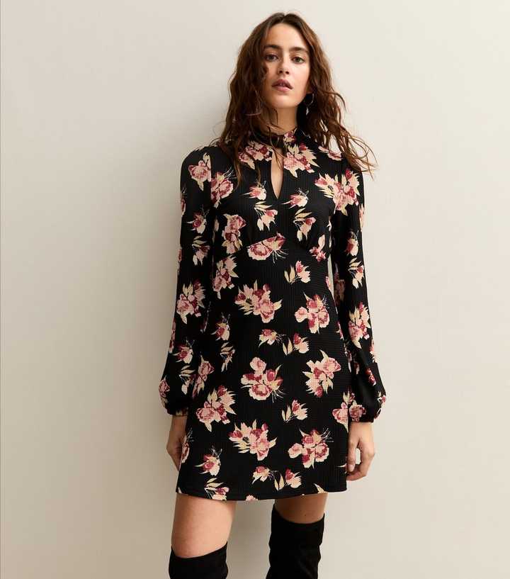 Black Floral Keyhole Mini Dress