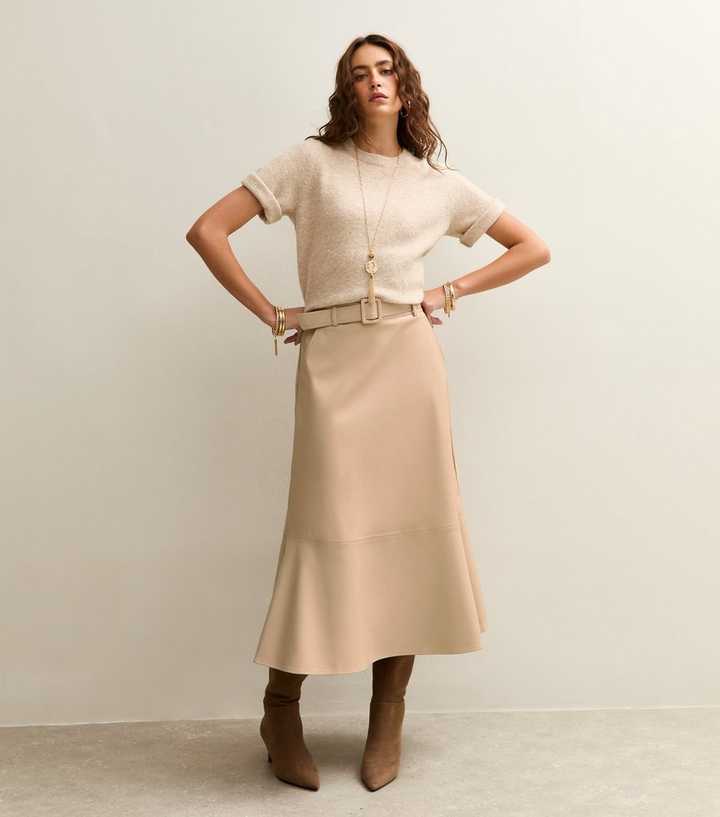 Cream Belted Faux Leather Midi Skirt