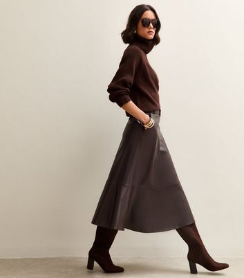 Brown Faux Leather Belted Midi Skirt