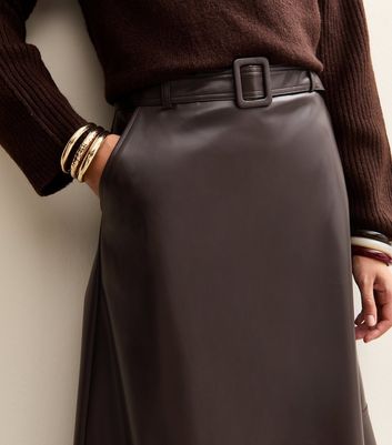 Brown Faux Leather Belted Midi Skirt New Look