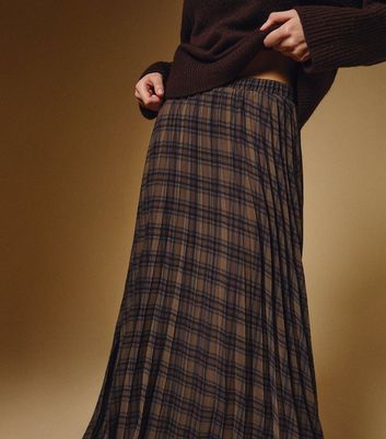 Brown Check Chiffon Pleated Midi Skirt | New Look