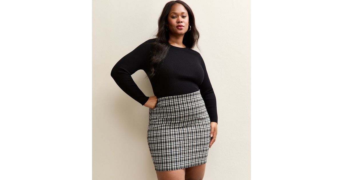 Curves Black Jersey Check Tube Mini Skirt New Look