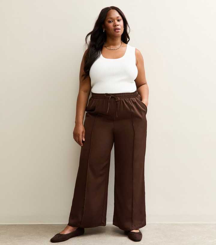 Curves Brown Satin Wide Leg Trousers