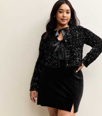 Curves Black Velvet Side Split Mini Skirt