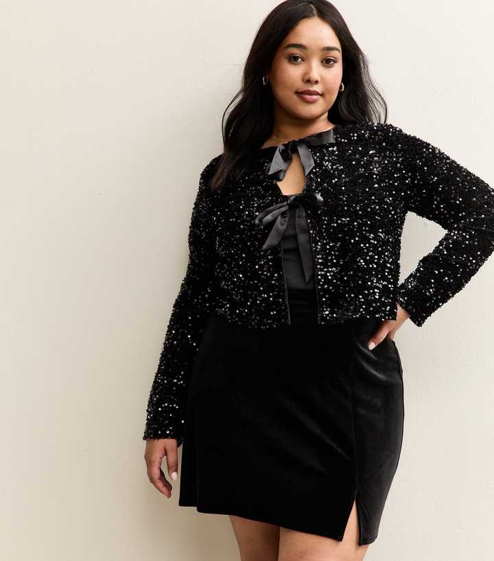 Curves Black Velvet Side Split Mini Skirt
