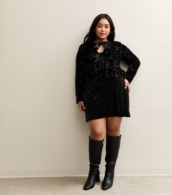 Curves Black Velvet Side Split Mini Skirt New Look