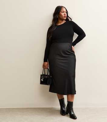 Curves Black Satin Bias Cut Spot Midi Skirt