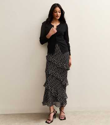 Black Chiffon Polka Dot Ruffle Trimmed Midi Skirt
