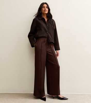 Brown Satin Drawstring Waist Wide Leg Trousers