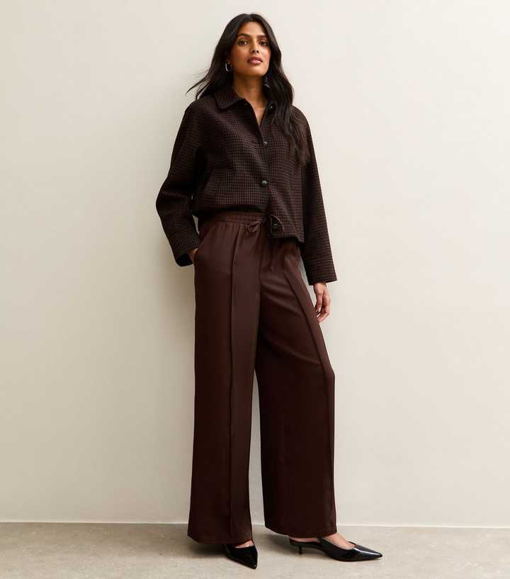 Brown Satin Drawstring Waist Wide Leg Trousers