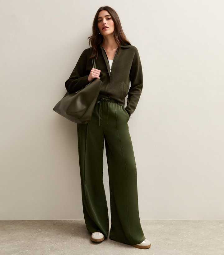 Khaki Satin Drawstring Waist Wide Leg Trousers