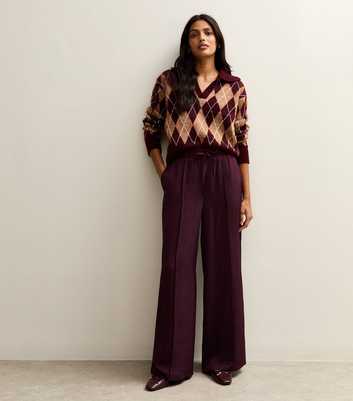 Burgundy Satin Drawstring Waist Wide Leg Trousers
