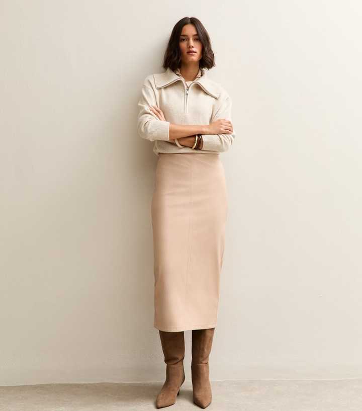 Cream Faux Leather Pencil Skirt