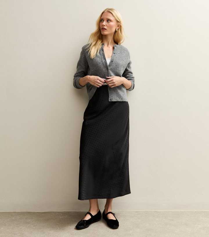 Black Spot Jacquard Satin Bias Cut Midi Skirt