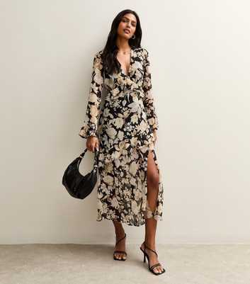 Black Floral Chiffon Ruffle Trimmed Midi Dress