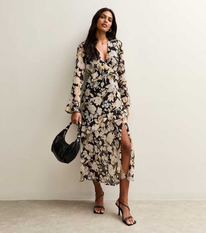 Black Floral Chiffon Ruffle Trimmed Midi Dress