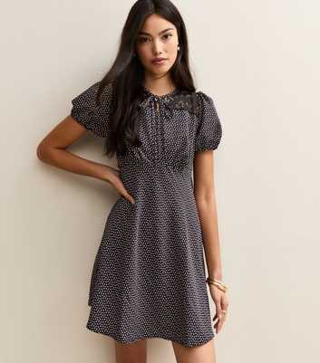 Black Polka Dot Puff Sleeve Mini Dress