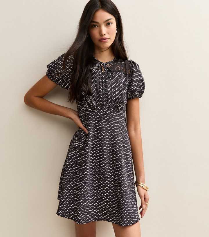 Black Polka Dot Puff Sleeve Mini Dress
