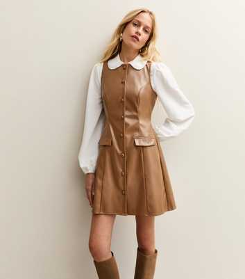 Brown Faux Leather Button Through Sleeveless Mini Dress