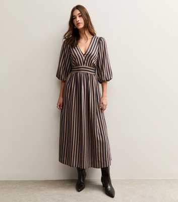 Brown Striped V-Neck Puff Sleeve Midi Dress