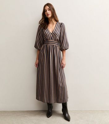 Brown Striped V-Neck Puff Sleeve Midi Dress | New Look Brown Striped V-Neck Puff Sleeve Midi Dress | New Look