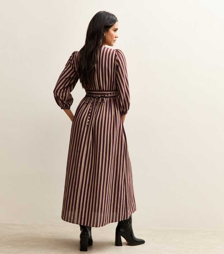 Burgundy Striped V-Neck Three Quarter Sleeve Midi Dress