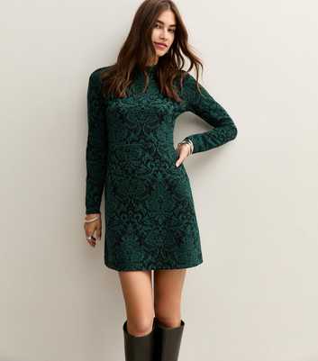 Dark Green Jacquard High Neck Mini Dress