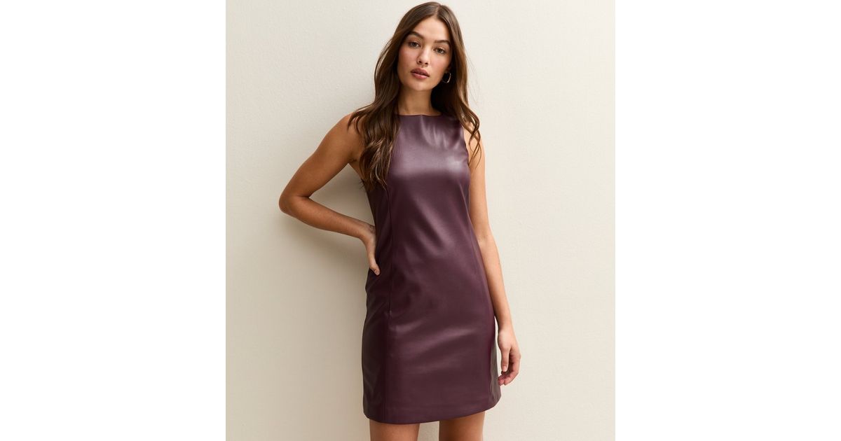 Dark Burgundy Faux Leather Sleeveless Mini Dress | New Look