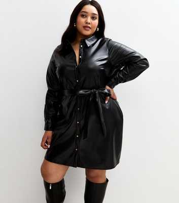 Curves Black Faux Leather Button Up Mini Dress