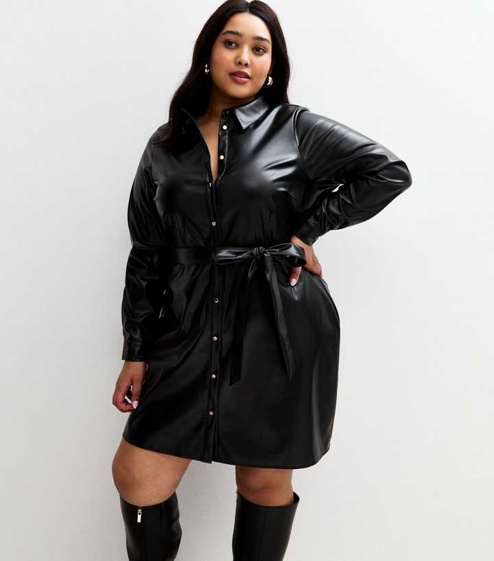 Curves Black Faux Leather Button Up Mini Dress