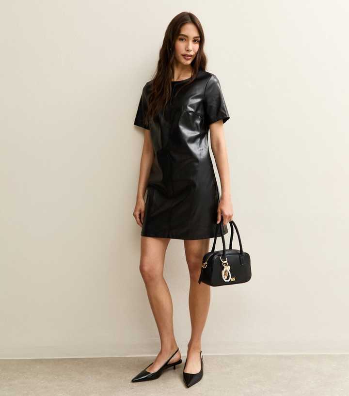 Black Faux Leather Short Sleeve Mini Dress | New Look