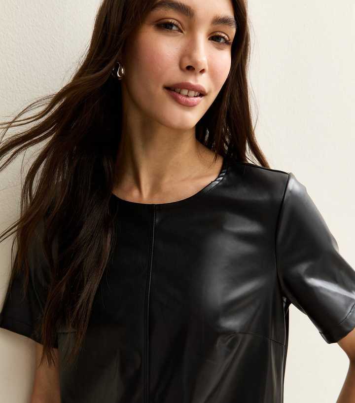 Black Faux Leather Short Sleeve Mini Dress Black Faux Leather Short Sleeve Mini Dress