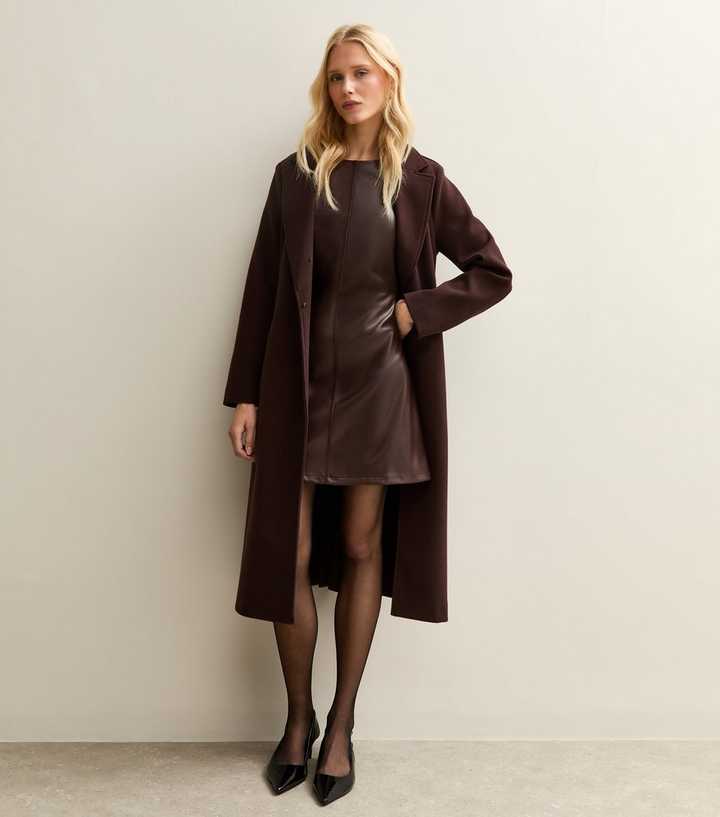 Dark Brown Faux Leather Short Sleeve Mini Dress | New Look