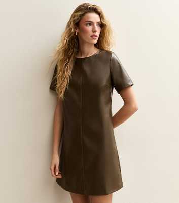 Khaki Faux Leather Short Sleeve Mini Dress
