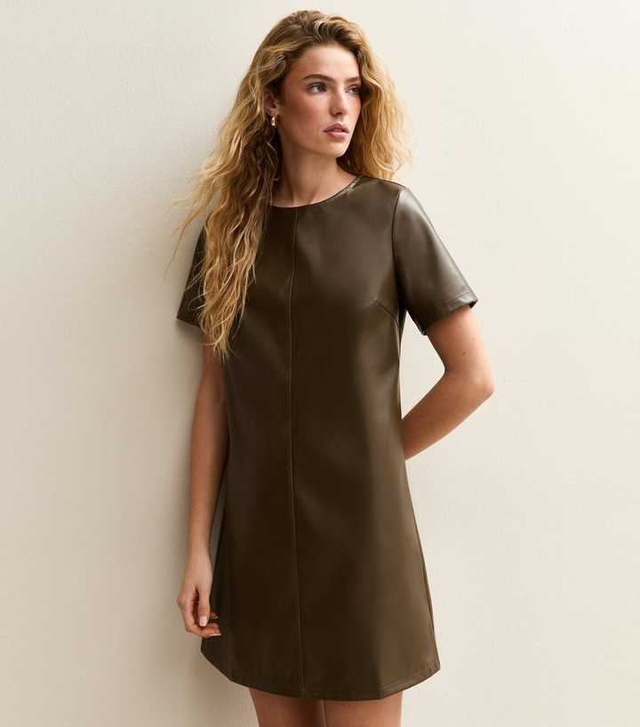 Khaki Faux Leather Short Sleeve Mini Dress