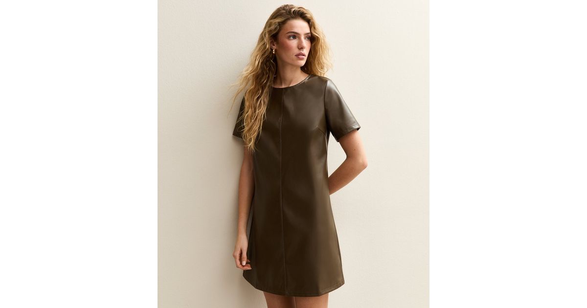 Khaki Faux Leather Short Sleeve Mini Dress | New Look Khaki Faux Leather Short Sleeve Mini Dress | New Look